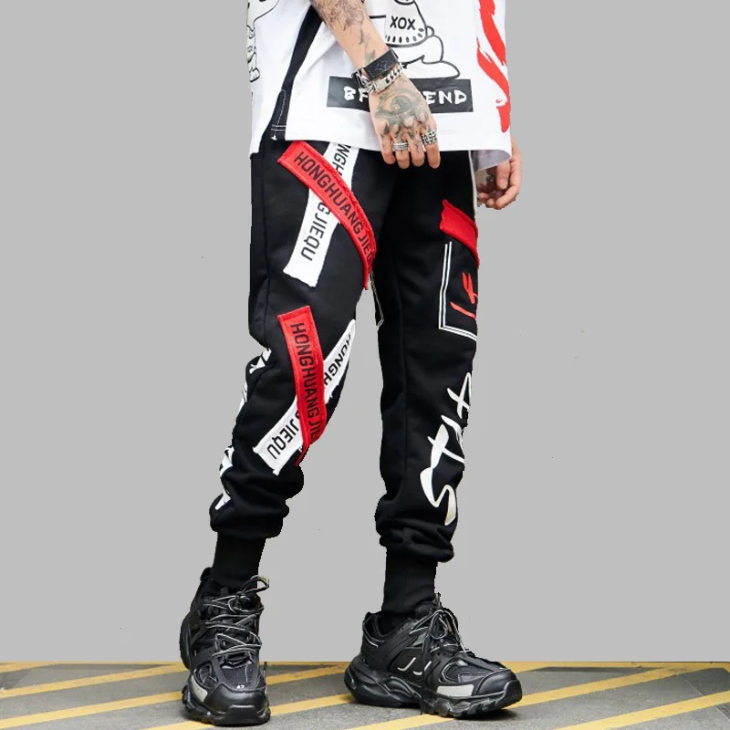 

Hip Hip Streetwear Men's Sweatpants Patch Design Joggers Pants Men 2019 Spring Casual Letter Printed Harem Pants Trousers WJ224