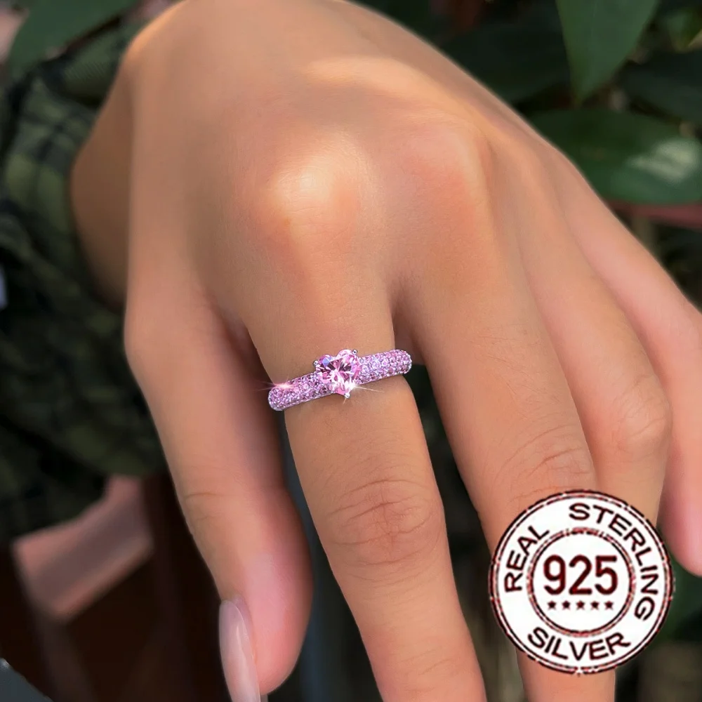 S925 Silberner Herzförmiger Rosa CZ Damen-Versprechensring mit Mikro-Pavé Eternity-Band für Verliebte, Romantischer Schmuck als Geschenk SR109 – Detail 2