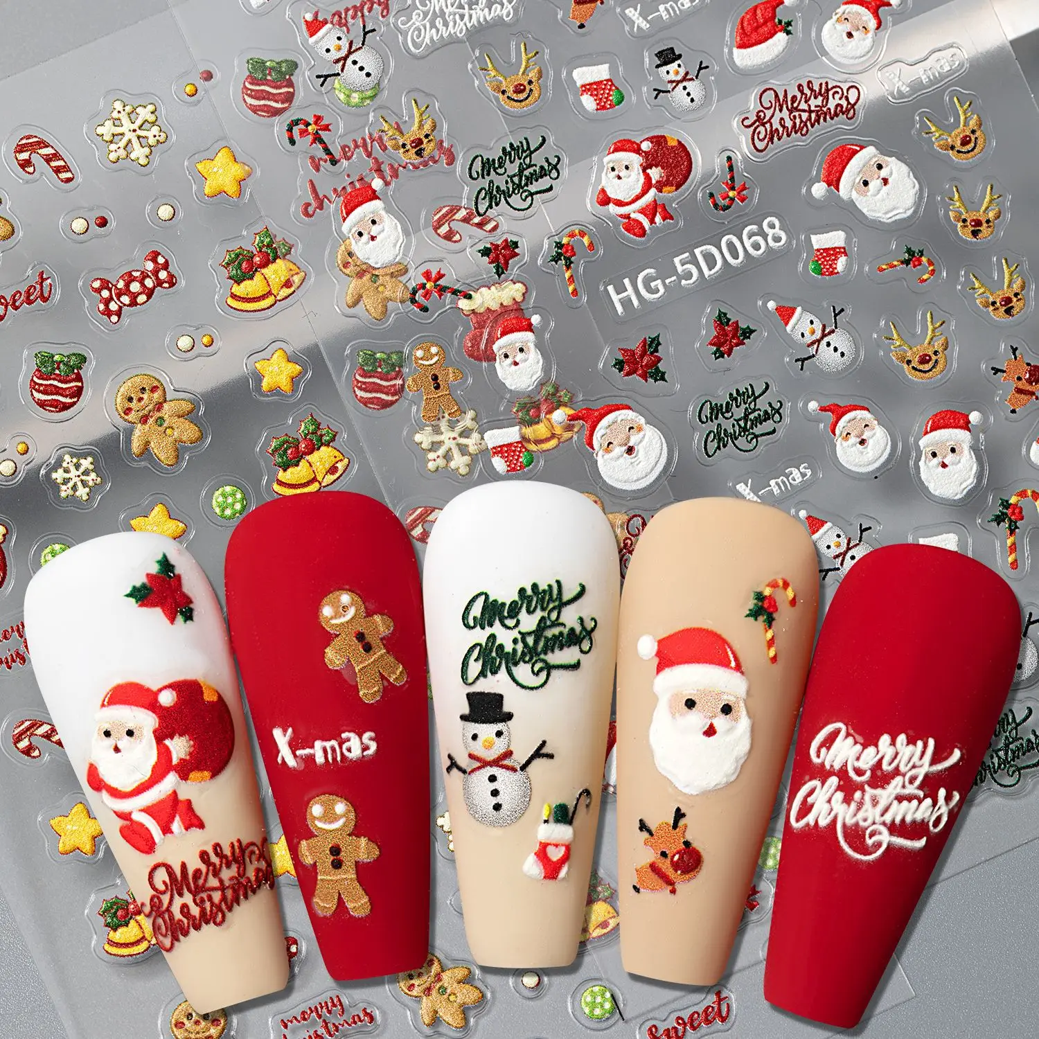 5D 4pcs Embossed Christmas Nail Stickers Gingerbread Man Snowflake Snowman DIY Nail Decal Autumn Winter Nail Supplies Decoration