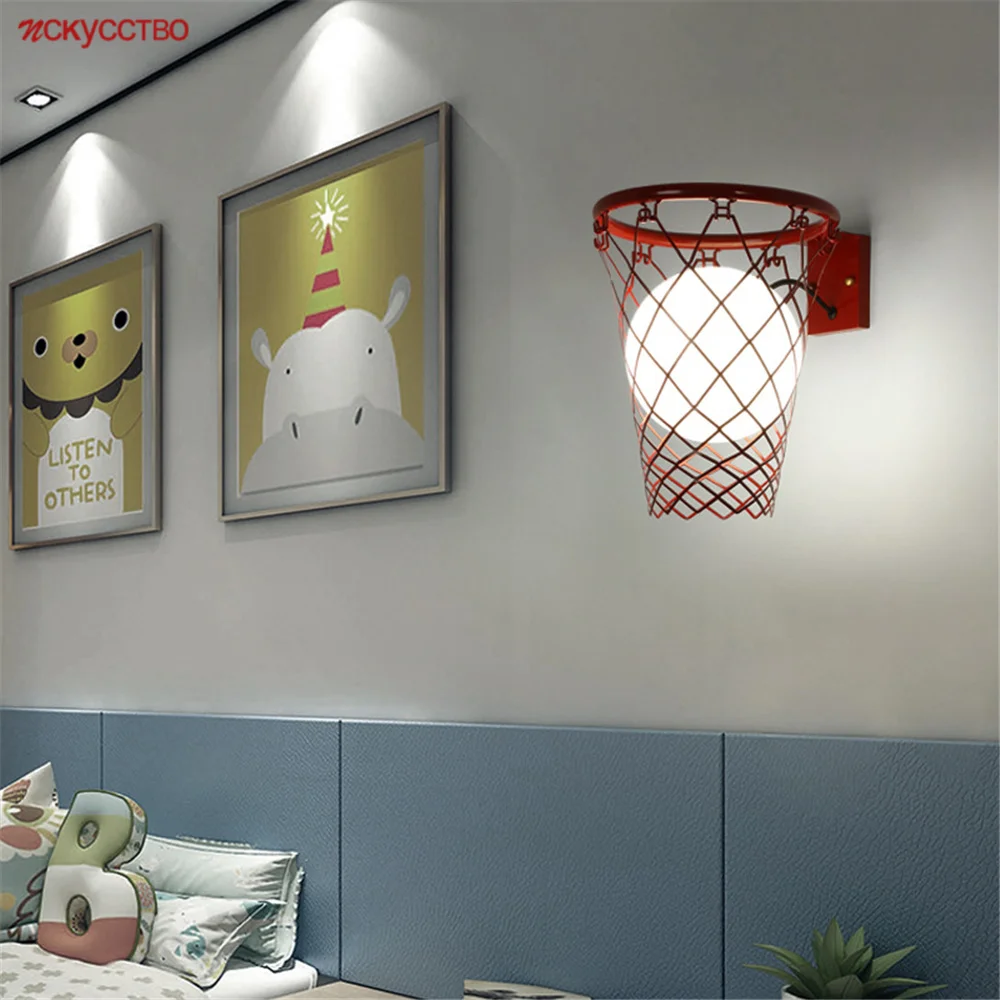 

American Creative Basketball Glass Metal Led Wall Lamp Boys Bedroom Bedside Decoration Study Hallway Cafe Bar Art Sconces Lights