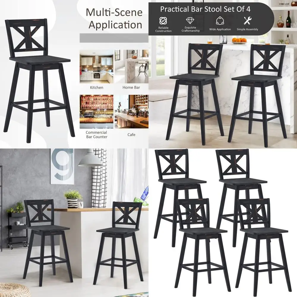 

Set of 4 29 Vintage-Style Swivel Bar Stools with Non-Slip Pads, Rubberwood Construction for Home or Restaurant Use (Black)