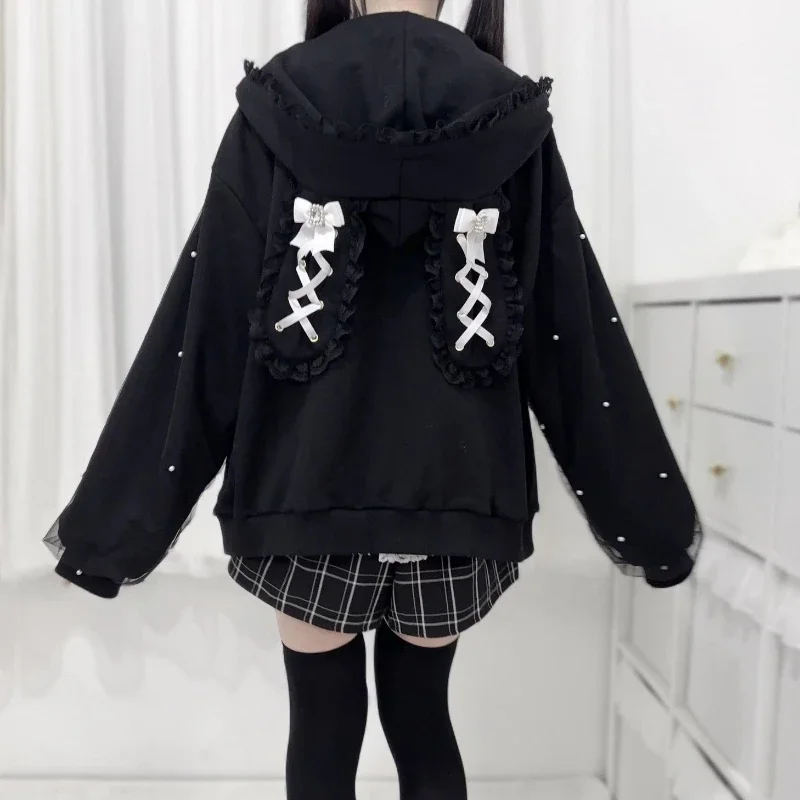 Manteaux japonais en gaze de perles pour femmes, vestes en dentelle esthétique Y2k avec oreilles de lapin, décontractées, surdimensionnées, Harajuku Kawaii, haut à capuche