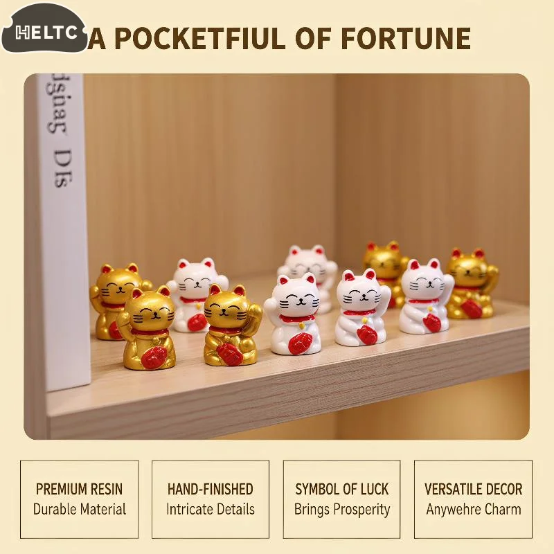 Mini Cute Lucky Gold Cat Resin Craft 10pcs Wealth Fortune Decor for Car Interior DIY Ornament Gift