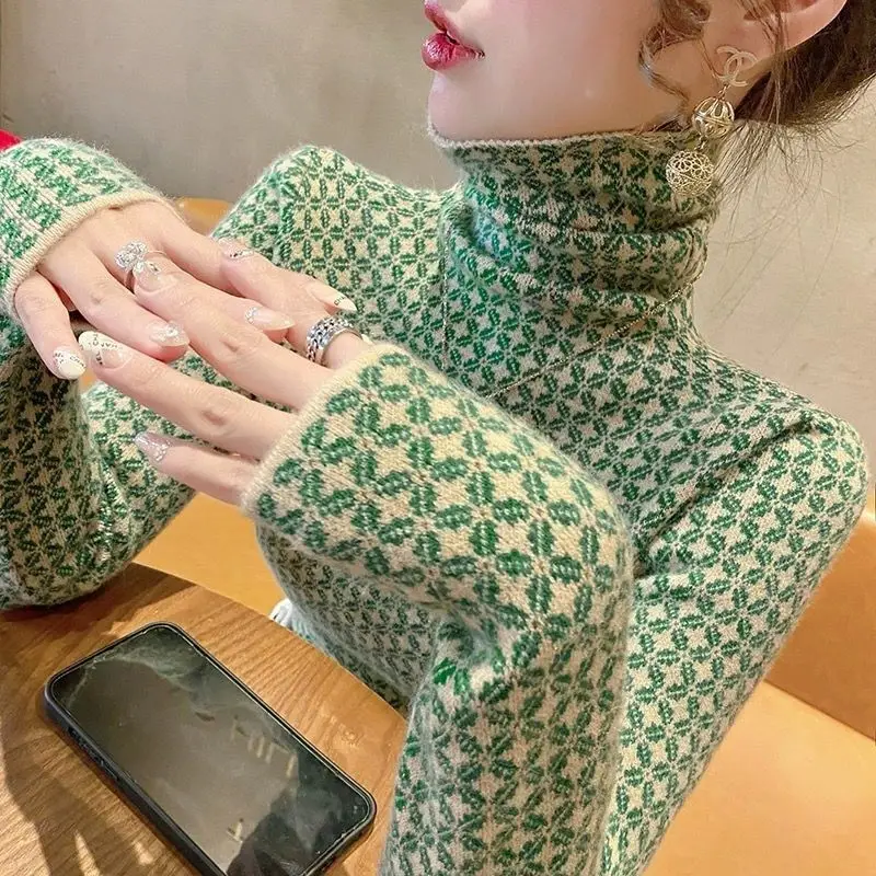 Minimalist Commute Autumn Winter New Women\'s Spliced Printed Geometric Slim High Collar Long Sleeve Fashion Sweater Knitted Tops