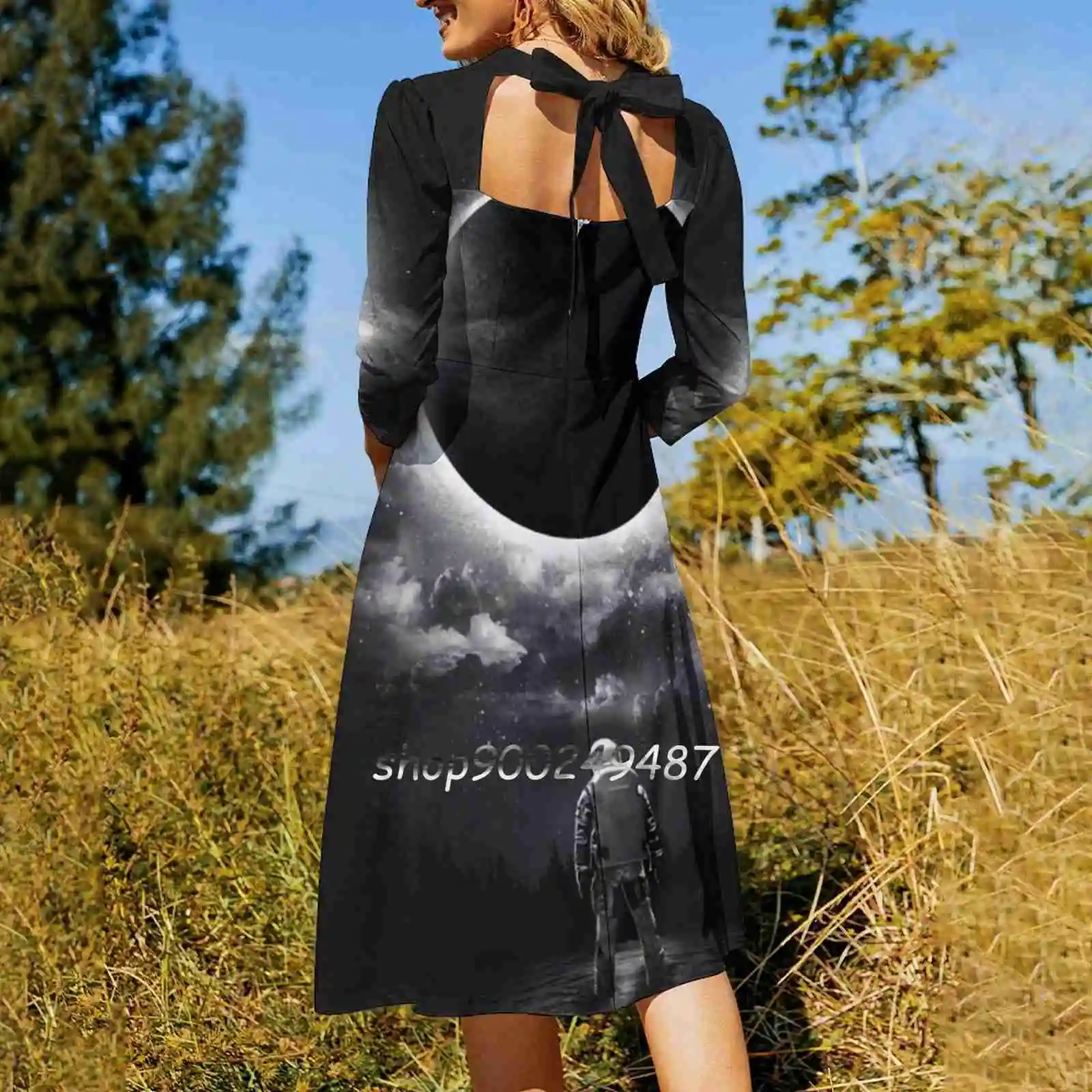 Sweetheart Knot Flared Dress Fashion Design Large Size Loose Dress Moon Sun Stars Cosmic Astronaut Clouds Space Solar Lunar Star