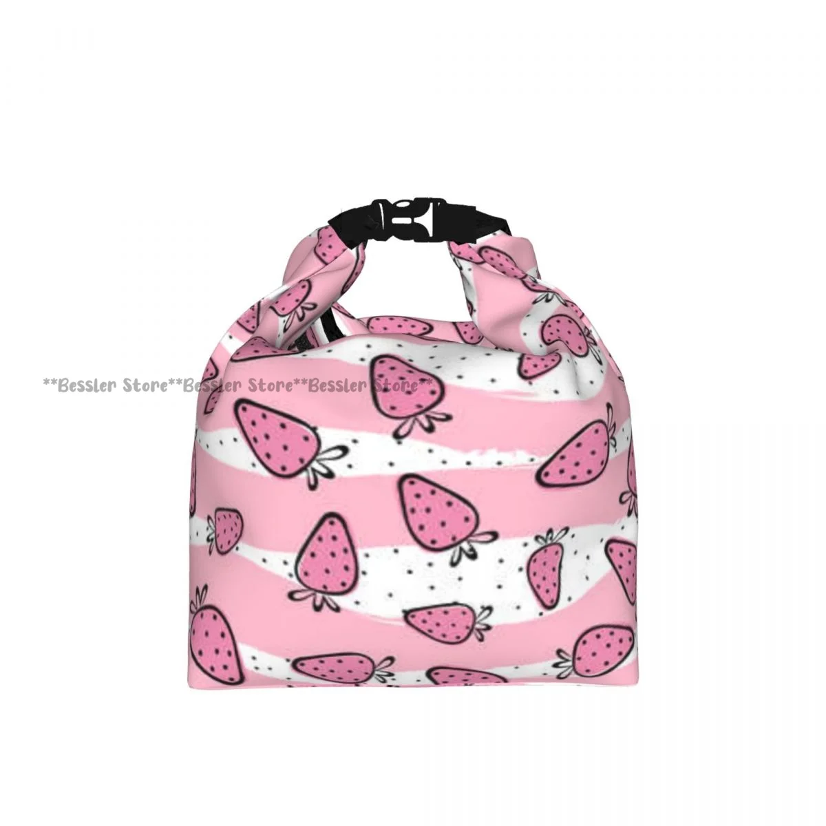 Portable Roll-top Insulated Cooler Lunch Bag Sweet Strawberry On Stripes Background Thermal Food Bag for Travel Outdoor Camping