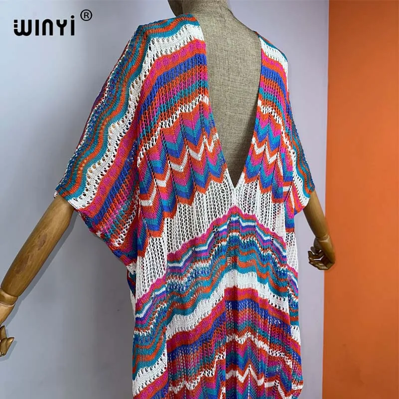 WINYI summer Africa Women coat irregolare elegante Boho maxi beach Swimming Cover Up Hollow sexy cappotto con stampa a righe lavorate a maglia