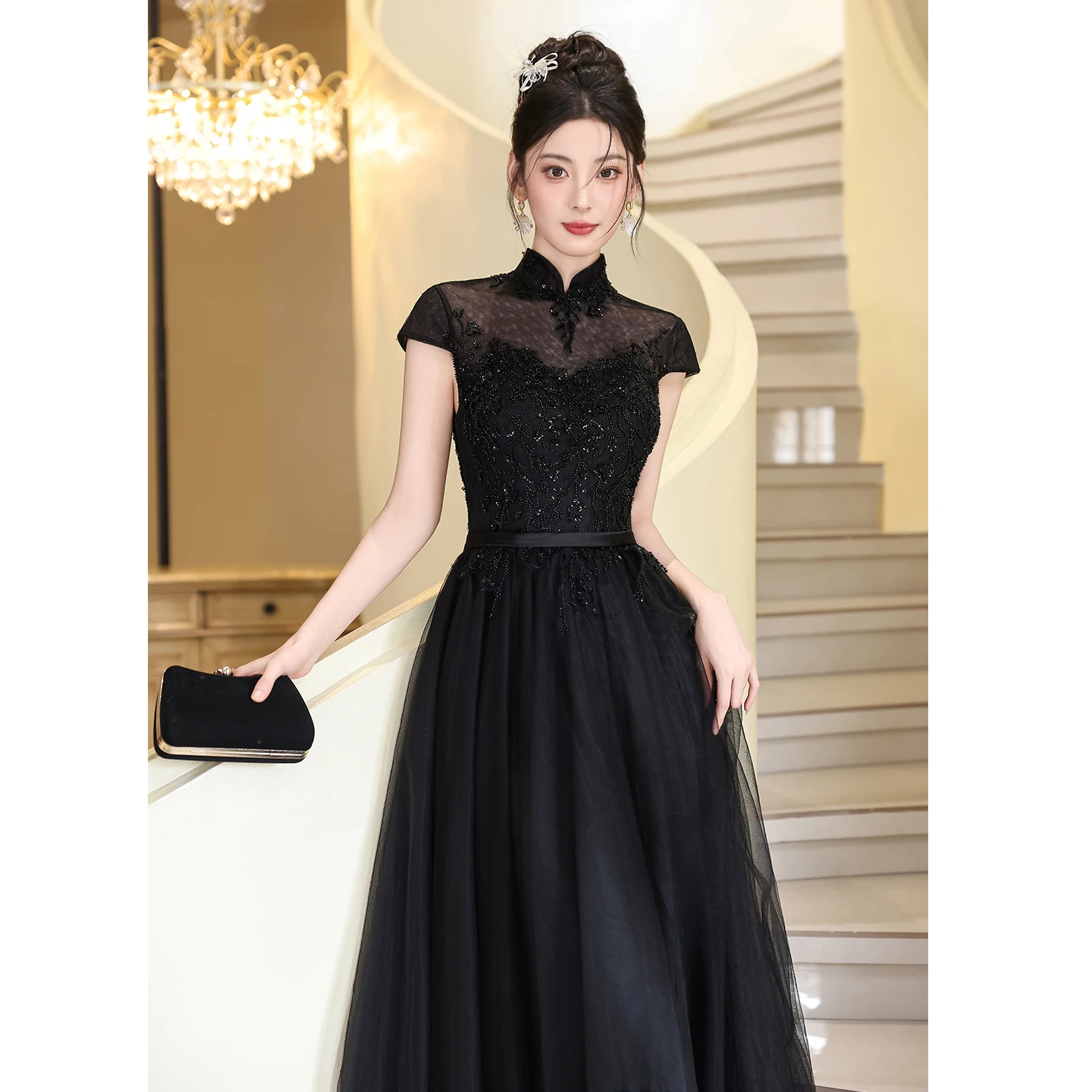 

Ele Bla Evening Gown Women's Faion High-End Host Long Dr for Banquet Cany Yearly Meeting And Performance