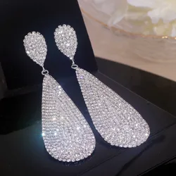 Classic Elegant White Rhinestone Water Drop Shape Pendant Earrings for Women Silver Color Dangle Earrings Wedding Party Jewelry