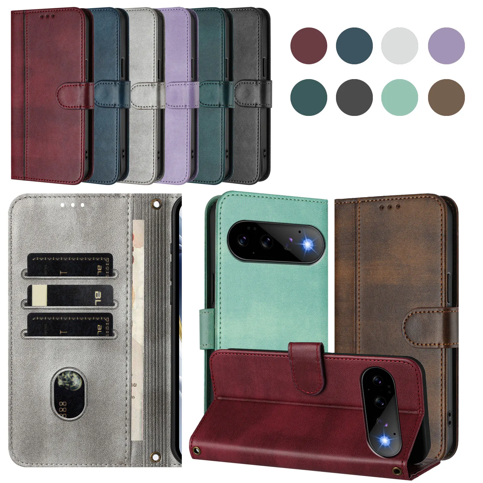 Магнитный кожаный чехол-книжка для Pixel 11 Pro, для Google Pixel 11, 10, 9 Pro, 8, 7, 6 Pro, 10A, 9A, 8A, 7A, 6A. Чехол-книжка с подставкой и отделениями для карт.