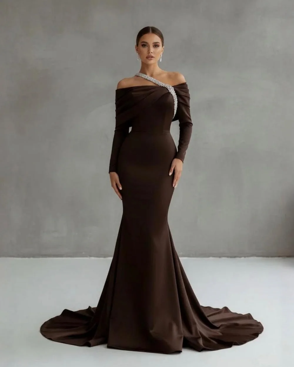

Customized Matching Women Jersey Rhinestone Pleat Mermaid Evening Dress Fashion Sexy Off-the-shoulder Floor Lenght Prom Dresses