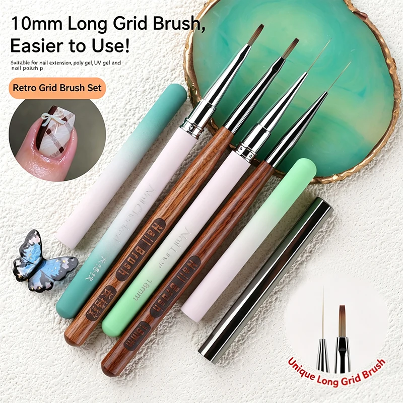2Pcs Long Grid Nail Liner Brush Set Ultra‑thin Tip Metal Sandalwood Handle Nail Art Grid Drawing Manicure Accessories