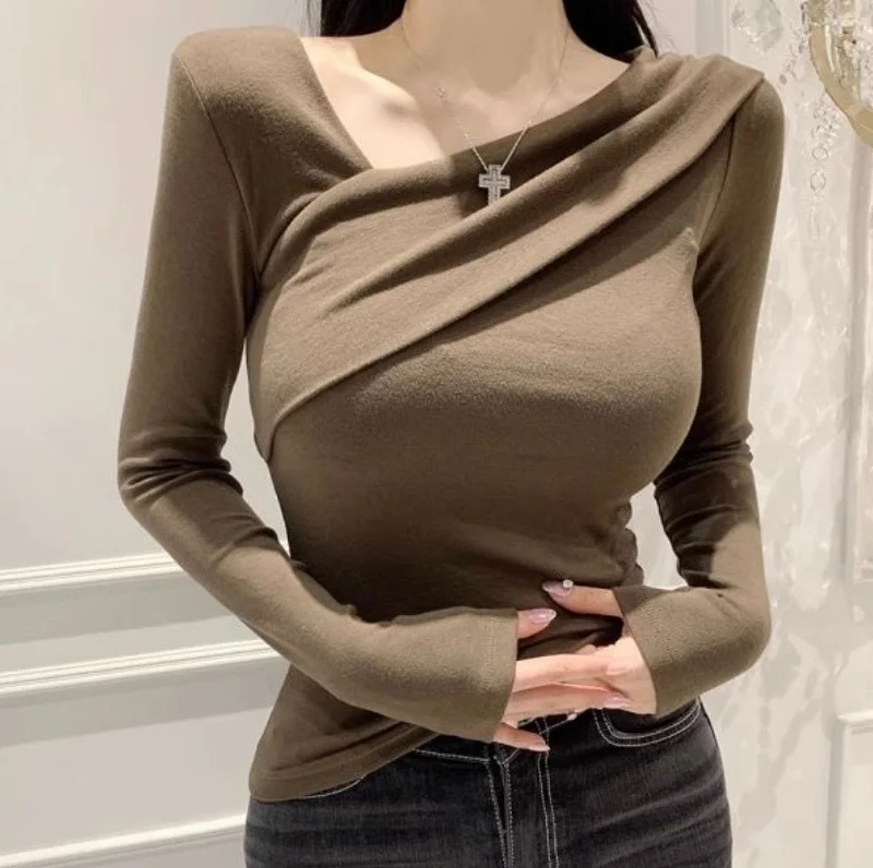 Gagarich Korean New Sexy Sloping Shoulder Women Long Sleeved Tight Solid T-shirt Women Show Off Their Figure Slim Fit Pullover