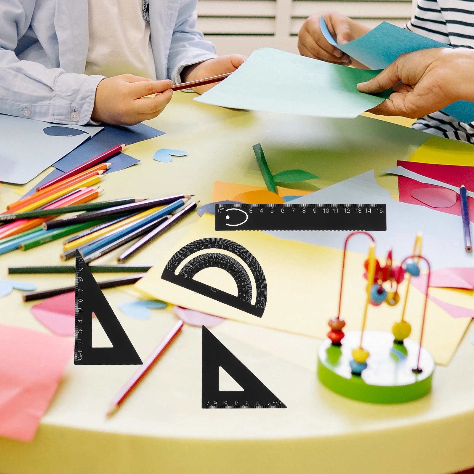 مجموعة واحدة من أدوات قياس المسطرة المعدنية للأطفال، مجموعة صياغة احترافية سوداء خفيفة الوزن ومحمولة لمكتب الطلاب