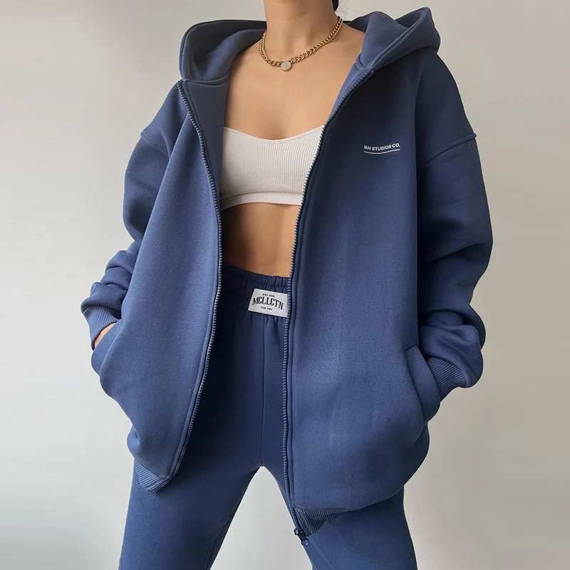 2023 Winter Warm Suit Women Solid Long Sleeve Zipper Outwear Hoodie And Pocket Trousers Two-Piece Set Casual Loose Hooded Sets