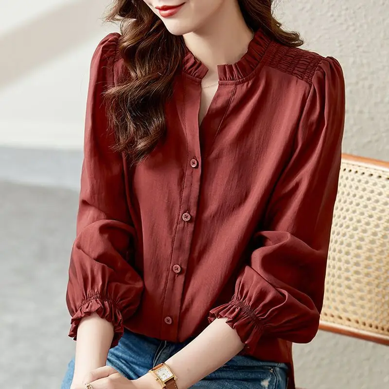 2023 Spring New Women\'s Clothing V-Neck Solid Color Long Sleeve Fashion Casual All-match Loose Temperament Thin Vintage Shirt