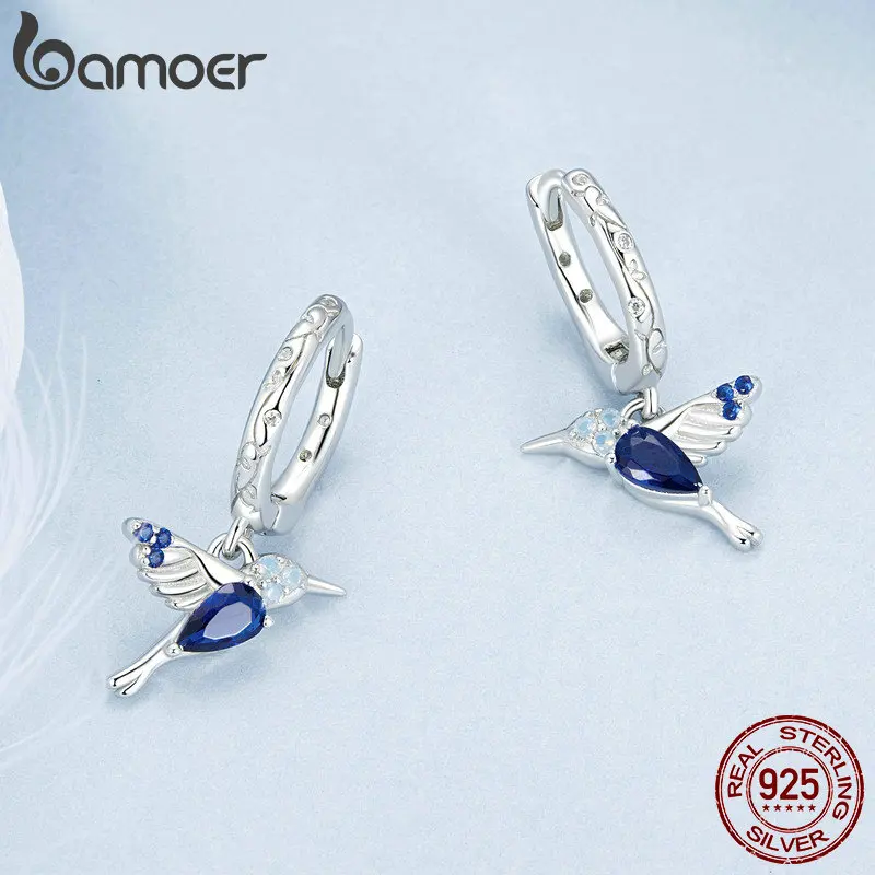 Bamoer 925 Sterling Silver Hummingbird Hoop Earrings Delicate Blue Opal Bird Ear Buckles for Women Party Jewelry Birthday Gift