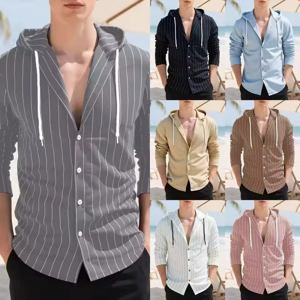 2025 American European New Fashion Men's Casual Trendy Linen Striped Single-breasted Long Sleeve Hooded Plus Size Shirts Male