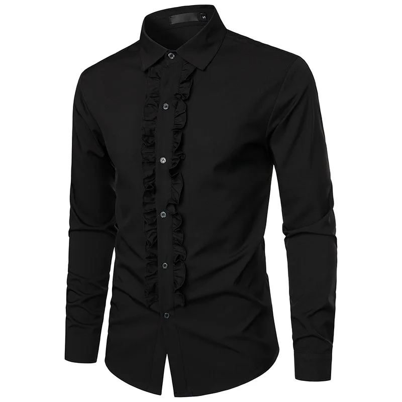 Black Ruffle Ruche Frill Dinner Tuxedo Shirt Men 2023 Brand Long Sleeve Button Down Pleats Shirts Men Retro 70s Party Prom Shirt