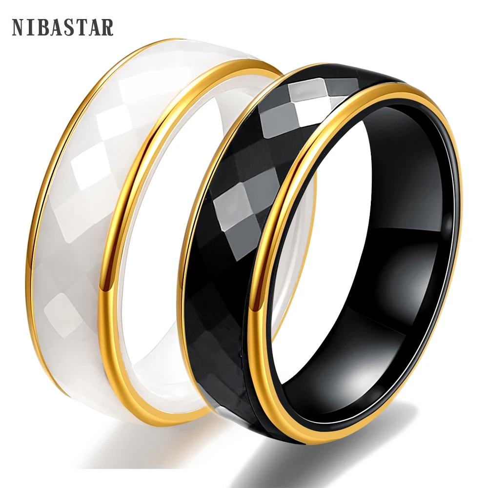 6mm Gold Ceramic Faceted Ring for Women Bands Comfort Fit Engagement Wedding Bands