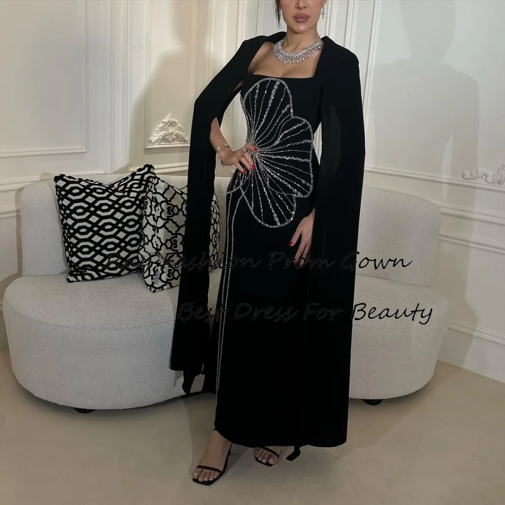 Ray Fashion Brilliant Evening Dress Square Neck Beading Long Sleeves Ankle Lenth For Formal Occasion Saudi Arabia فساتين سهرة