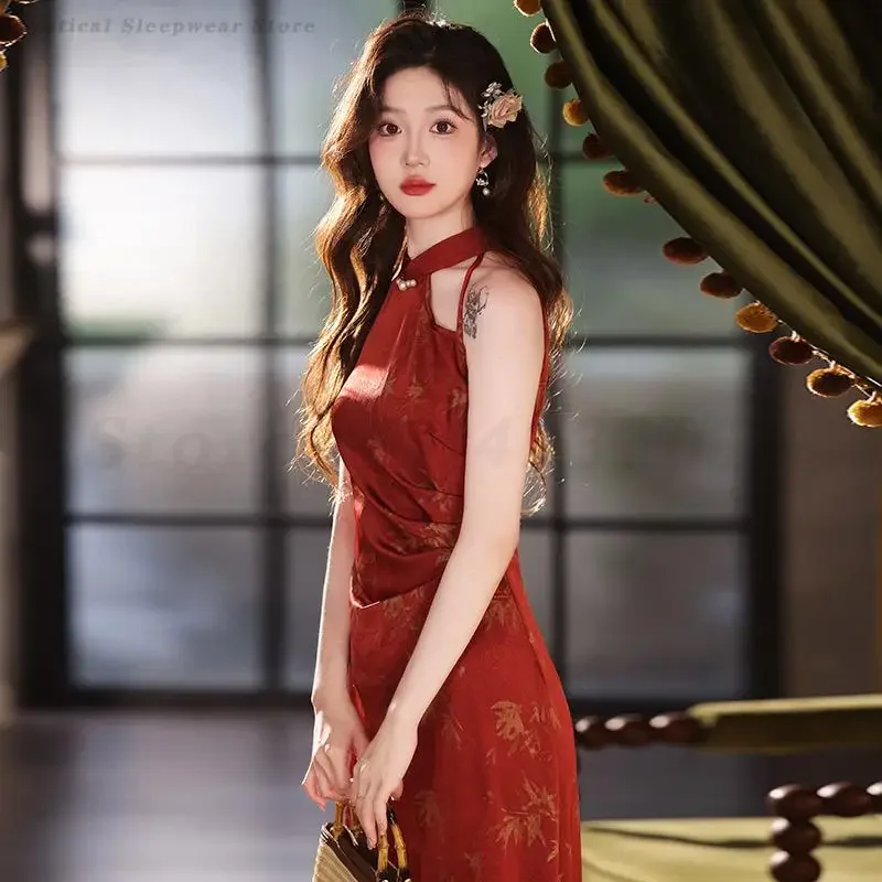 

Elegant Print Bamboo Leaf Cheongsam New Chinese Style Lady Dress Sexy Improve Sleeveless Halter Qipao Formal Party Gown Vestidos