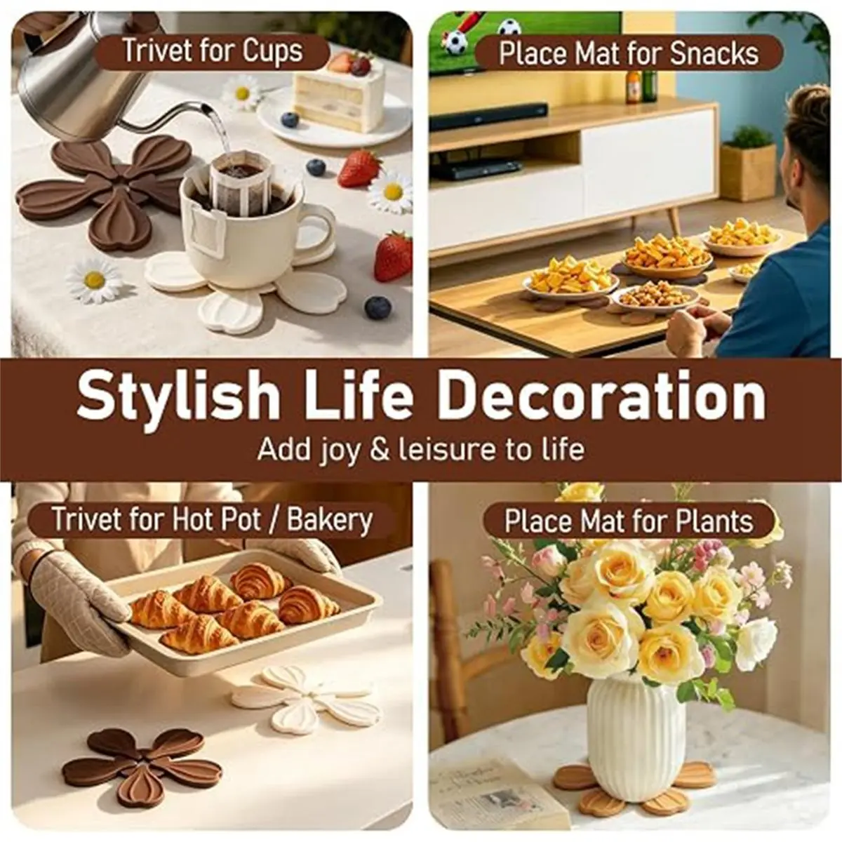 Silicone Trivet Coasters Set of 4 - Heat Proof Pads for Hot Dishes, Fall Leaf Design Kitchen Decor with Stand