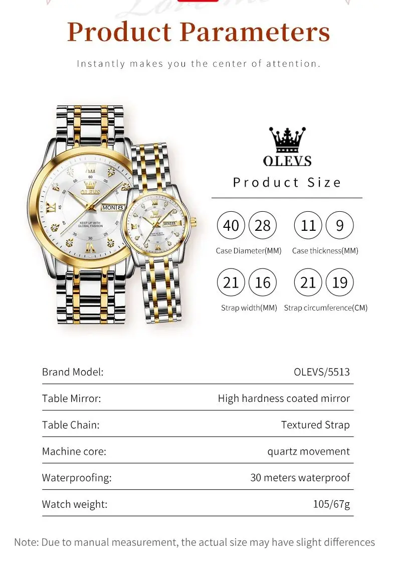 OLEVS 5513 Couple Watch Stainless Steel Waterproof Dual Calendar Trendy Quartz Watch for Men Women Elegant Lover's Wrist Watches