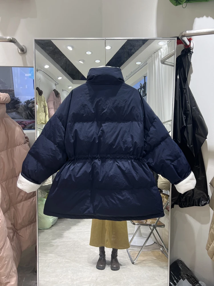 Winter Korean Drawstring Waist Hooded Puffer Jacket Stand Collar Hooded Long Sleeve Casual Short White Duck Down Parkas Outwear