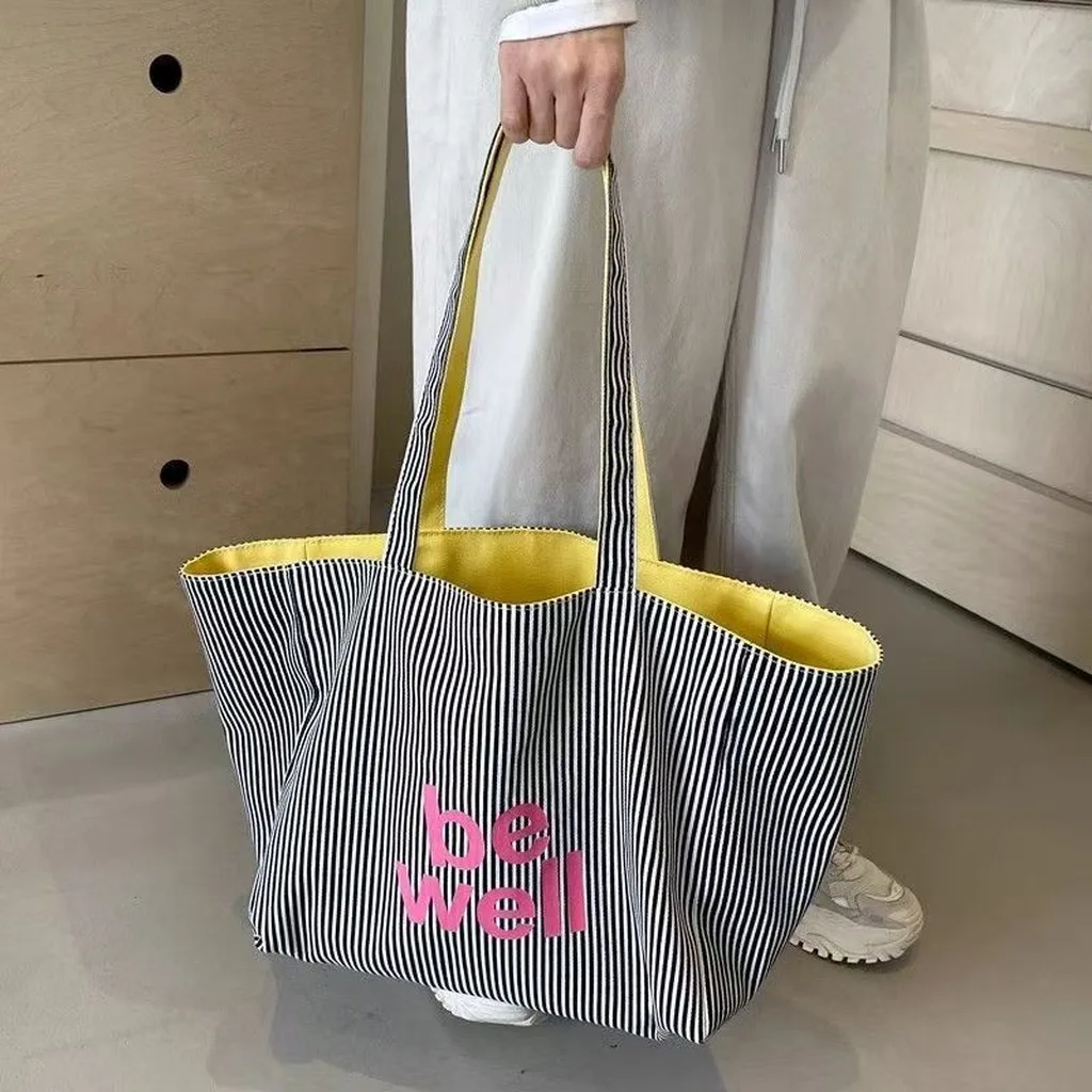 Casual Large Stripe Women's Shoulder Bag 2026 New Fashion Commuter Tote Bag High Capaci Canvas Handbag for Youth bolso mujer
