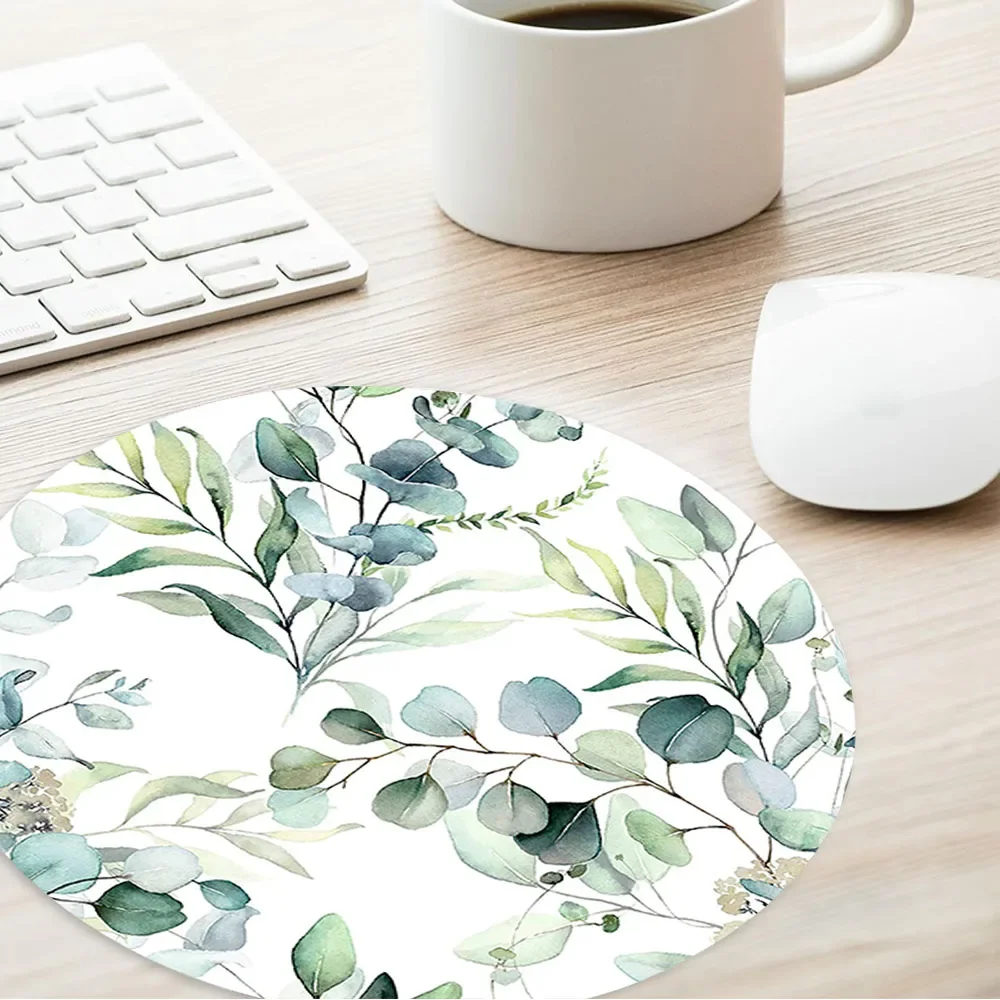 Round Mouse Pad Cute Leaves Design Rubber Mousepad Aesthetic Desk Accessory For Office Laptop Computer Gift For Friend