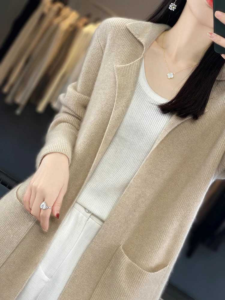 Choice Women Turn-down Collar Long Style Cardigan Long Sleeve Sweater Autumn Winter New Clothes 100% Merino Wool Knitwear Coat