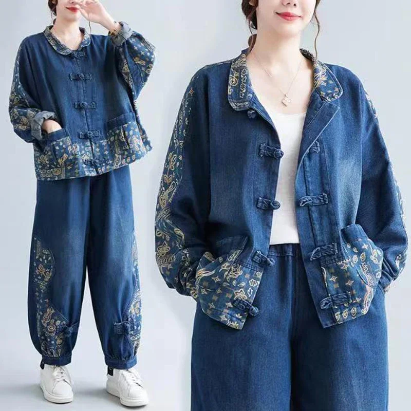 

Denim Sets Spring Autumn Women Floral Print Denim Jacket And Jeans 2 Piece Set Vintage Large Size Elastic Waist Jeans Suits Z201