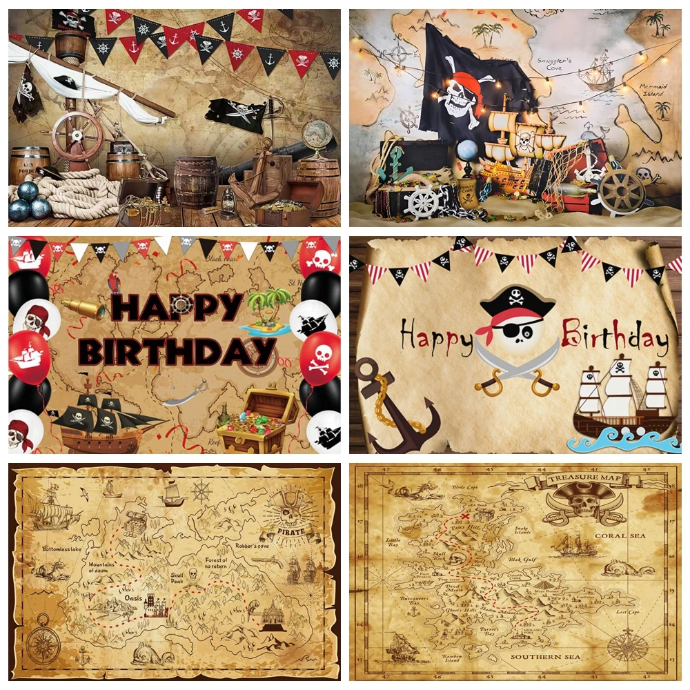 

Vintage World Map Birthday Backdrop Nautical Pirate Ship Treasure kids Baby Birthday Party Photography Background Photo Studio