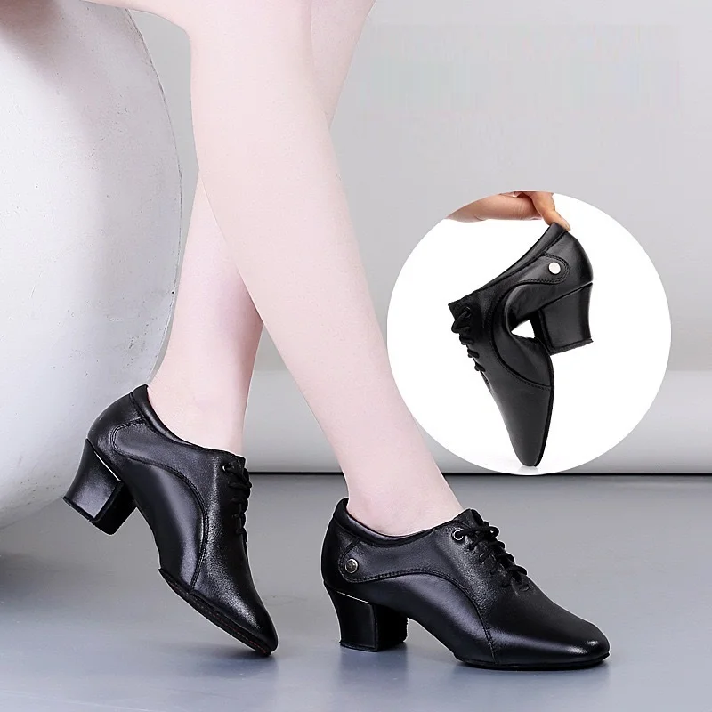 LEATHER Latin Dance Shoes Female Teacher Sports Shoes Practice Ballroom Dancing Shoes Square Cowhide Sneakers Women Shoes
