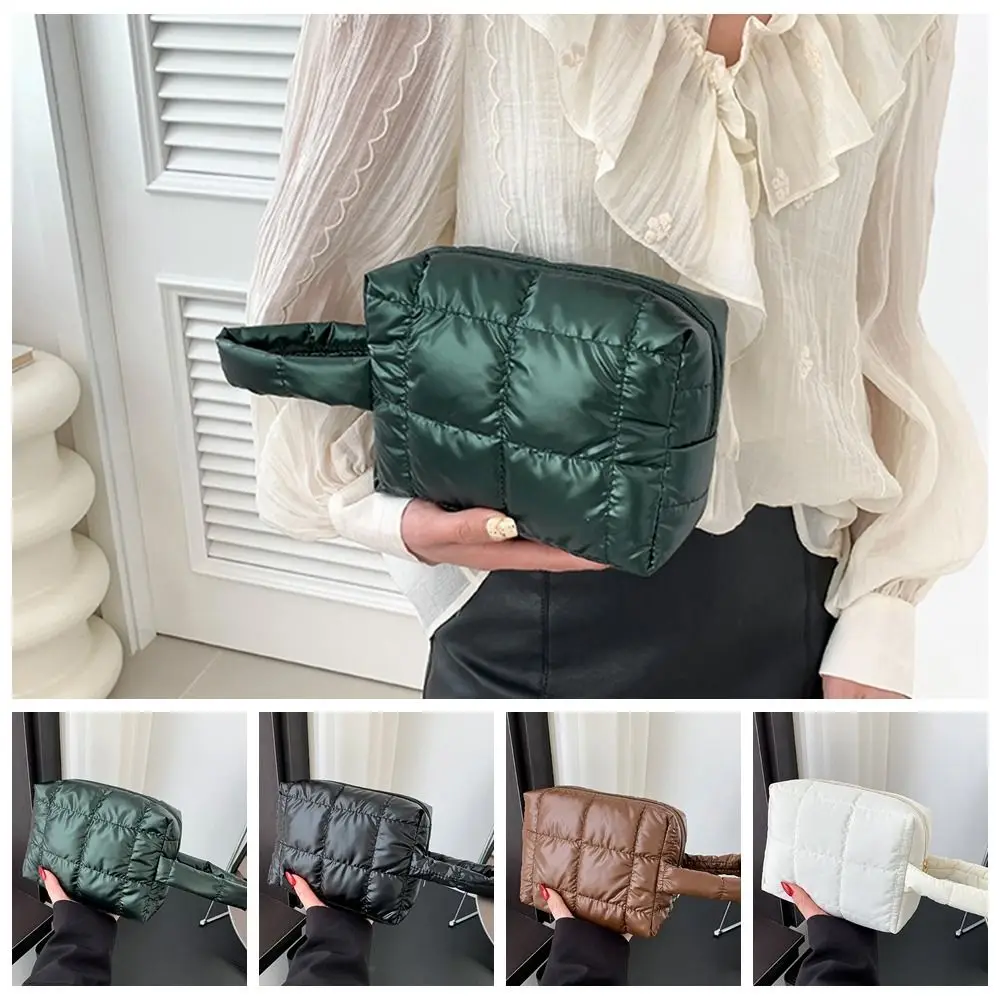 Soft Solid Color Puffer Handbag PU Leather Square Padded Makeup Bag Large Capacity Korean Style Plaid Clutch Bag School