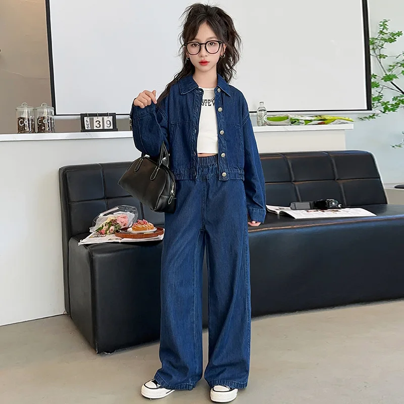 

Spring Autumn Children Girl Denim Clothing School Girl Lapel Single-breasted Jacket+Denim Straight Pants Sets Girls From 4-12Yrs