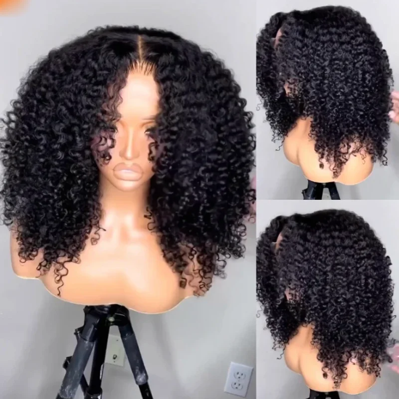 Lembut 26 "180 kepadatan panjang alami hitam keriting keriting renda depan Wig untuk wanita dengan rambut bayi prepked harian tanpa lem sintetis