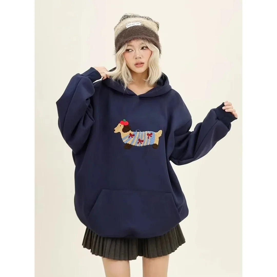 Niedlicher Hoodie mit Dackelmuster für Damen, Herbst, süßer Cartoon-Print, Kapuzenpullover für Streetwear, Alltags- und Freizeitoutfit – Detail 7