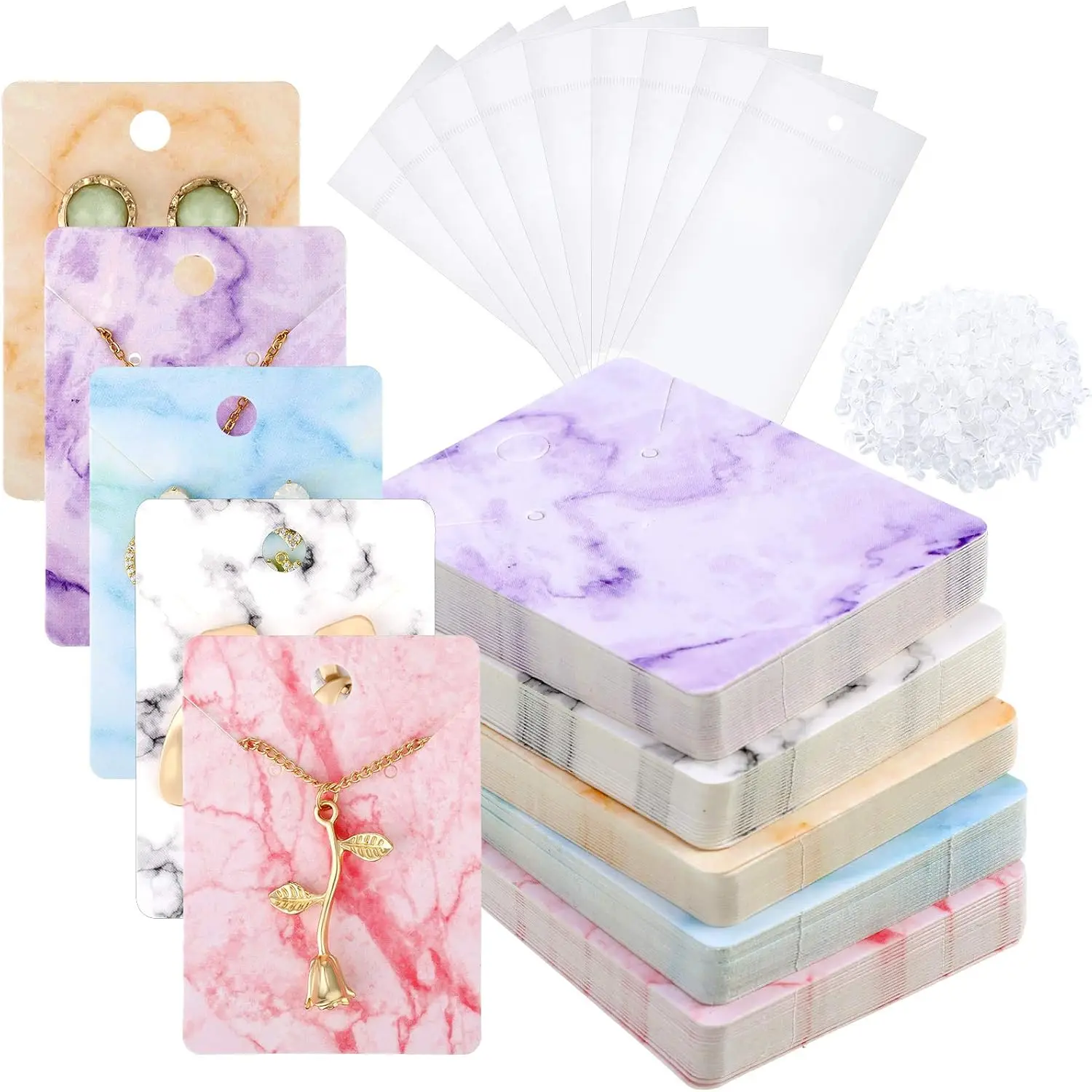 

900 Pcs Marble Jewelry Display Set with Cards, Bags, Backs for Earrings and Necklaces