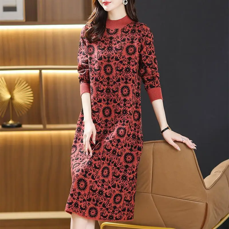 2024 ผู้หญิงฤดูใบไม้ร่วงถักชุดเสื้อกันหนาวยาวVINTAGE Jacquardครึ่งคอPulloverหลวมหญิงVestidos Ladyชุด