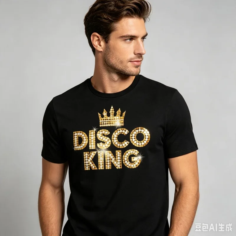 Men Disco King Graphic T-Shirt 100% Cotton Retro Golden Crown Print Casual Short Sleeve Tee for 70s 80s Disco Party Costume Wear