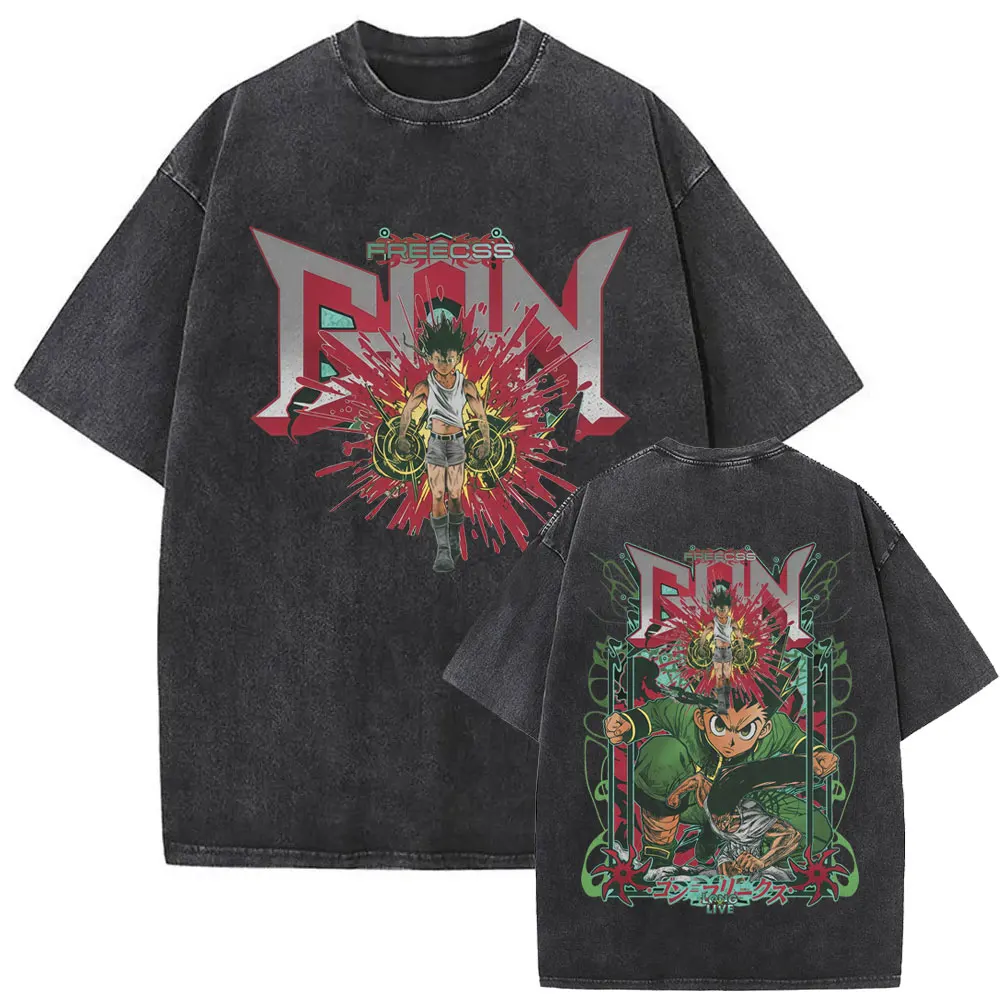 Camiseta gráfica Vintage lavada de Anime Hunter X Hunter, camiseta de dibujos animados de Killua Zoldyck, camisetas informales de algodón de gran tamaño para hombres y mujeres