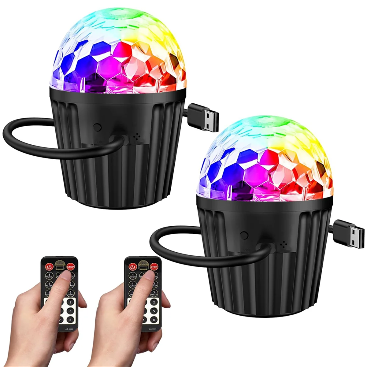 

Портативный мини-диско-шар A71P, 2 шт., стробоскопический светильник RGB DJ с дистанционным управлением, сценическое освещение со звуковой активацией
