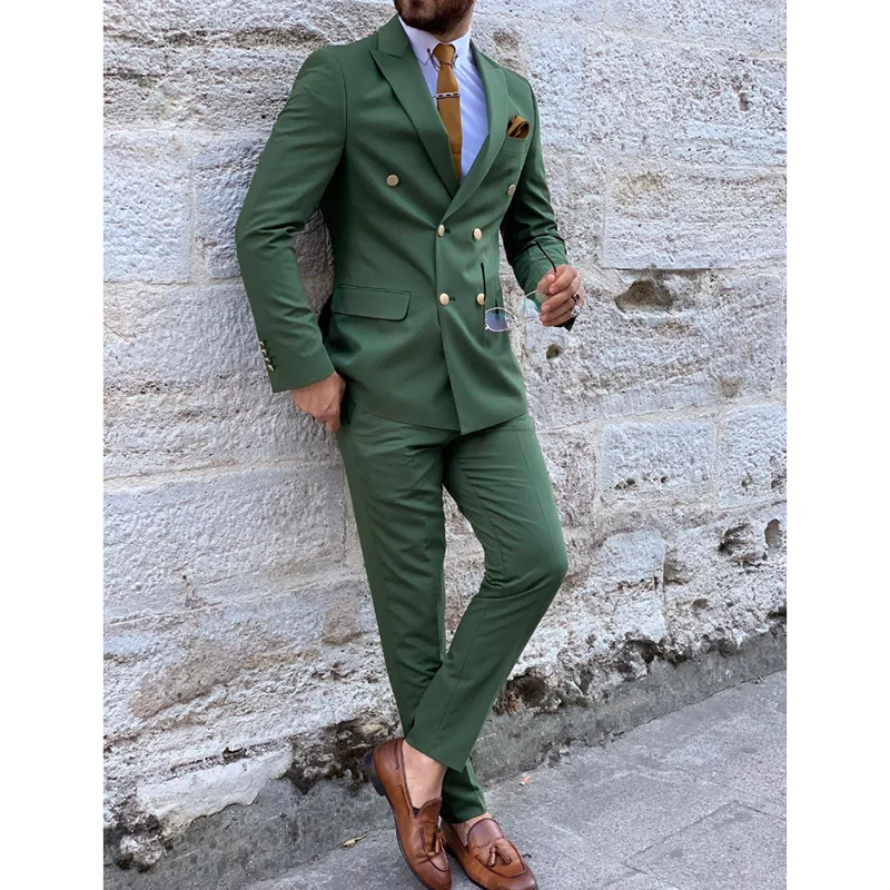 Royal Green Men's Suit 2021 Double Breasted Slim Fit Formal Wedding Party Suits Groomsmen Blazer Pants 2 Pieces Terno Masculino