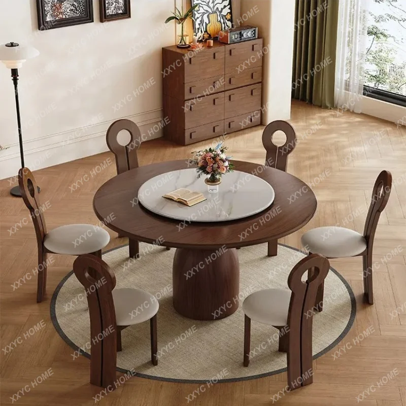 XX medieval solid wood dining table and chair combination household small apartment with turntable round dining table