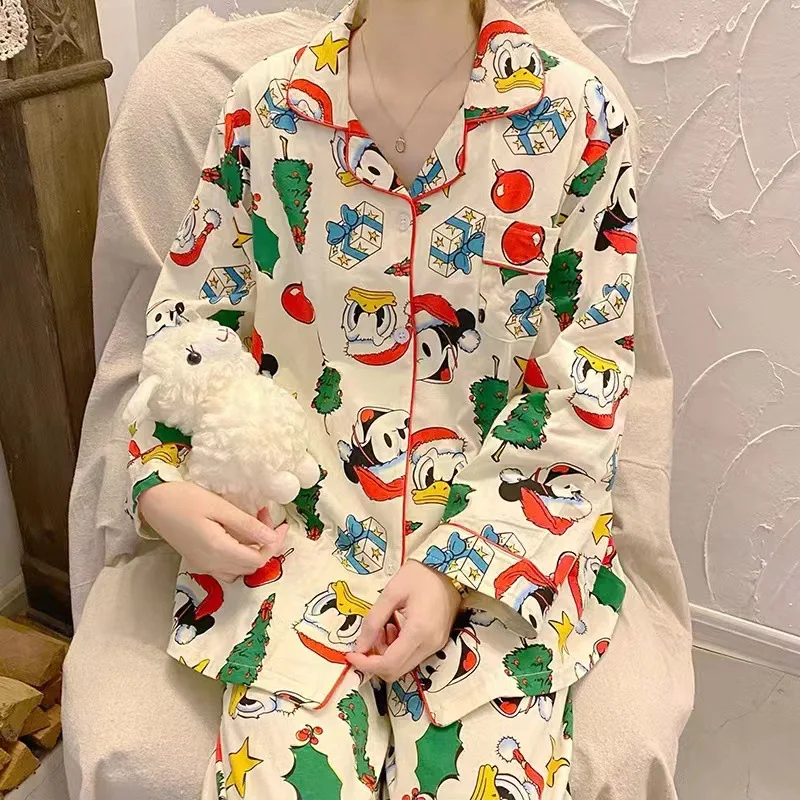 Disney Mickey Mouse Pajama Set Long Sleeves Trousers Cartoon Sleepwear Cardigan Shirt Cartoon Sweet Autumn Casual Home Clothes