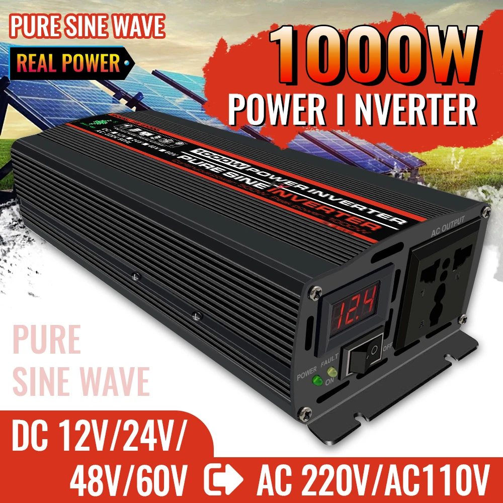 12V 24V 48V 60V to 220V/110V100W-2000W Pure Sine Wave Inverter with LED Display, Perfect for Car, RV, Solar Power Systems