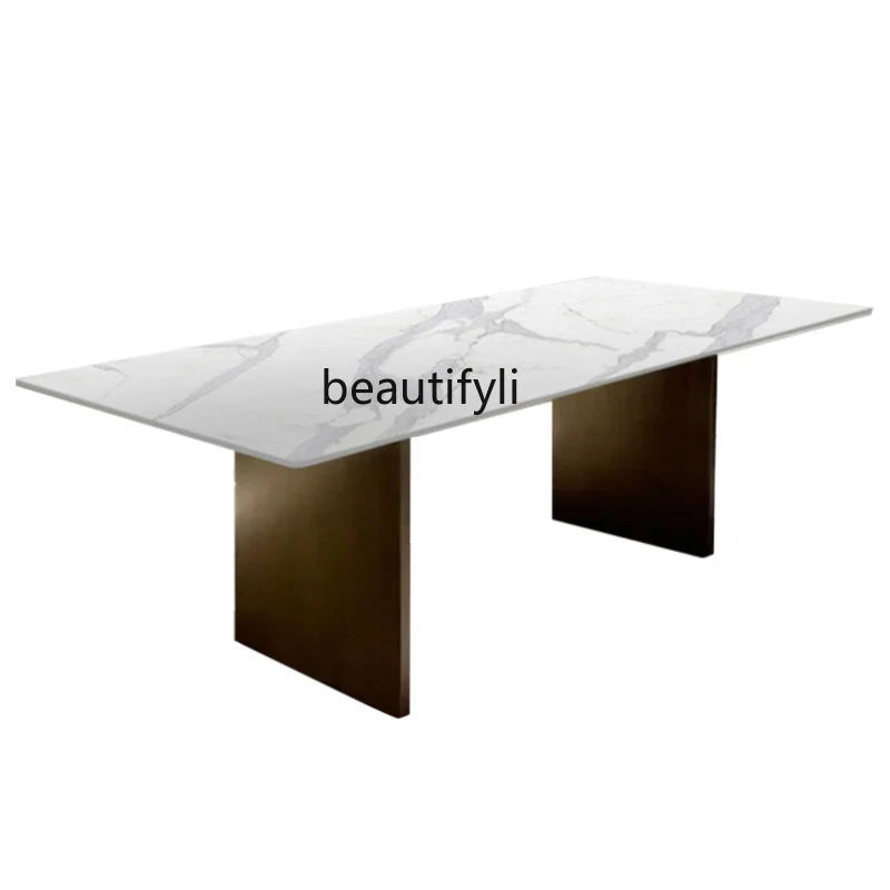 

Italian minimalist light luxury rock slab dining table high-end household stainless steel marble dining table