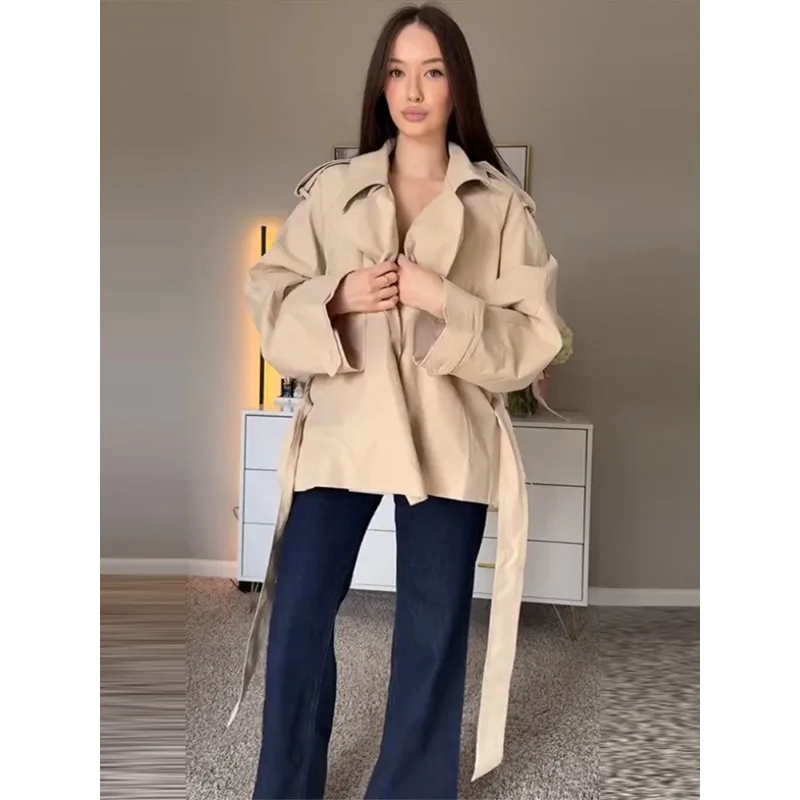 Gabardina superior de primavera/verano para mujer, solapa con lazo, elegante, nuevo, cómodo, suelto, diseño informal, moda, nicho avanzado, versátil